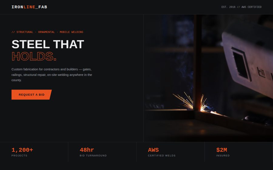 Concept site — welding and fabrication, dark industrial style